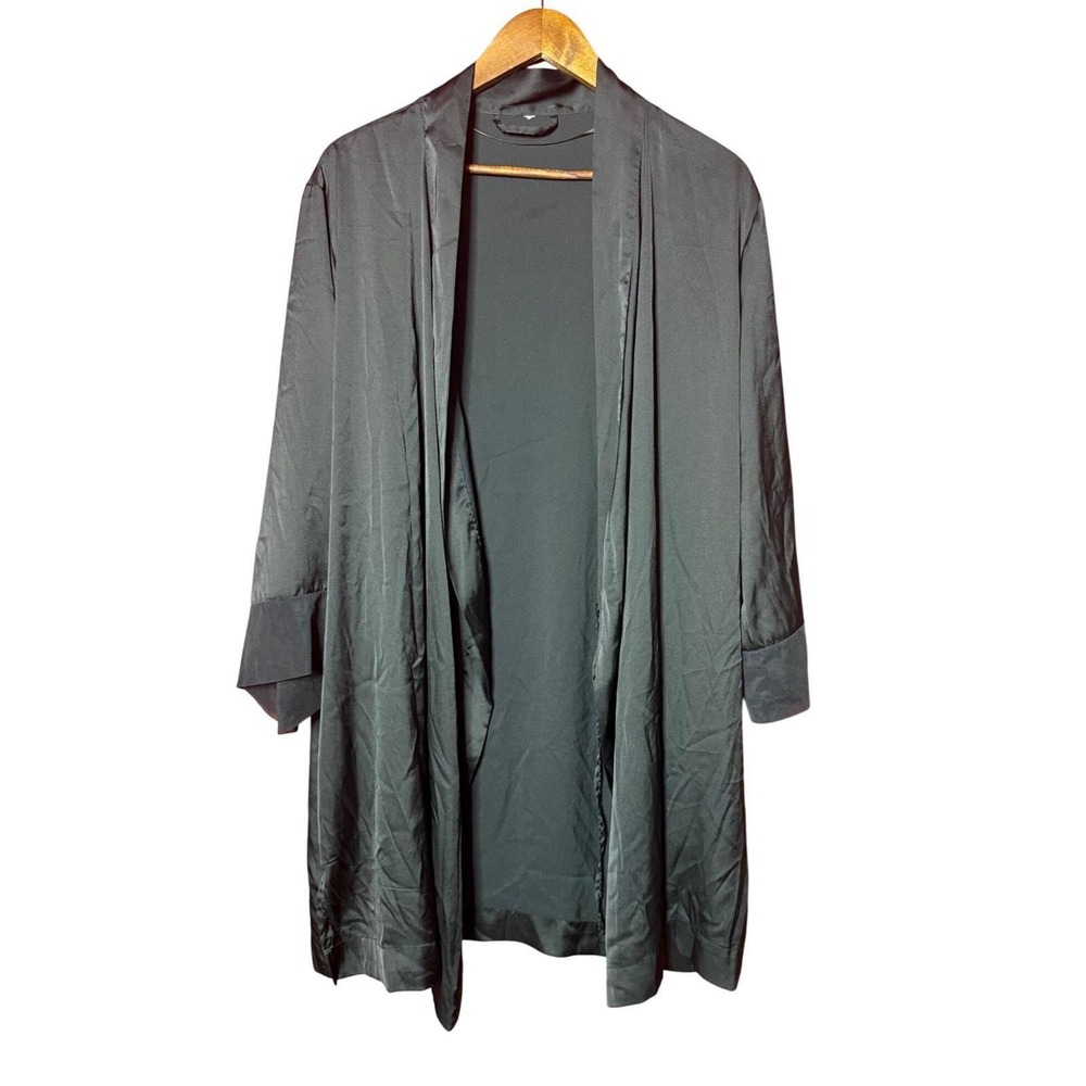 Unbranded Women One Size Black Satin Open Front Duster‎ Kimono Robe Resortwear